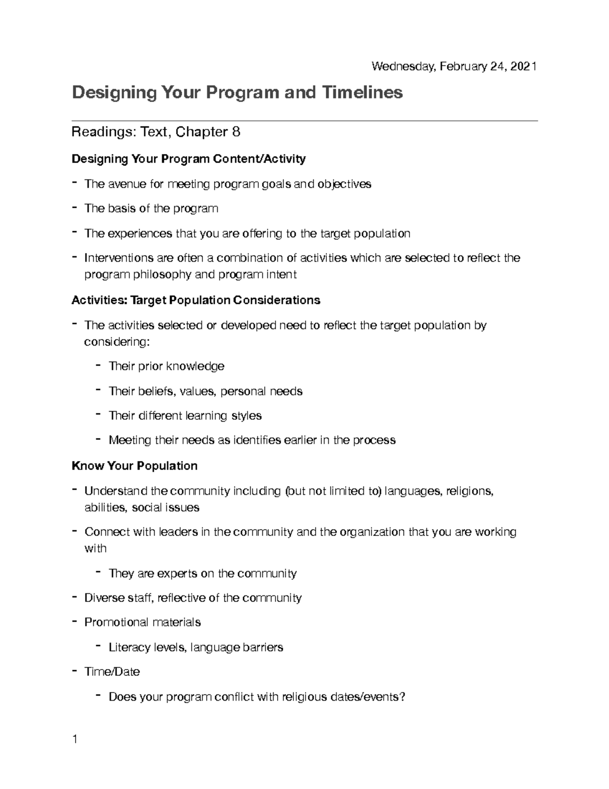 Designing Programs and Timelines - Wednesday, February 24, 2021 ...