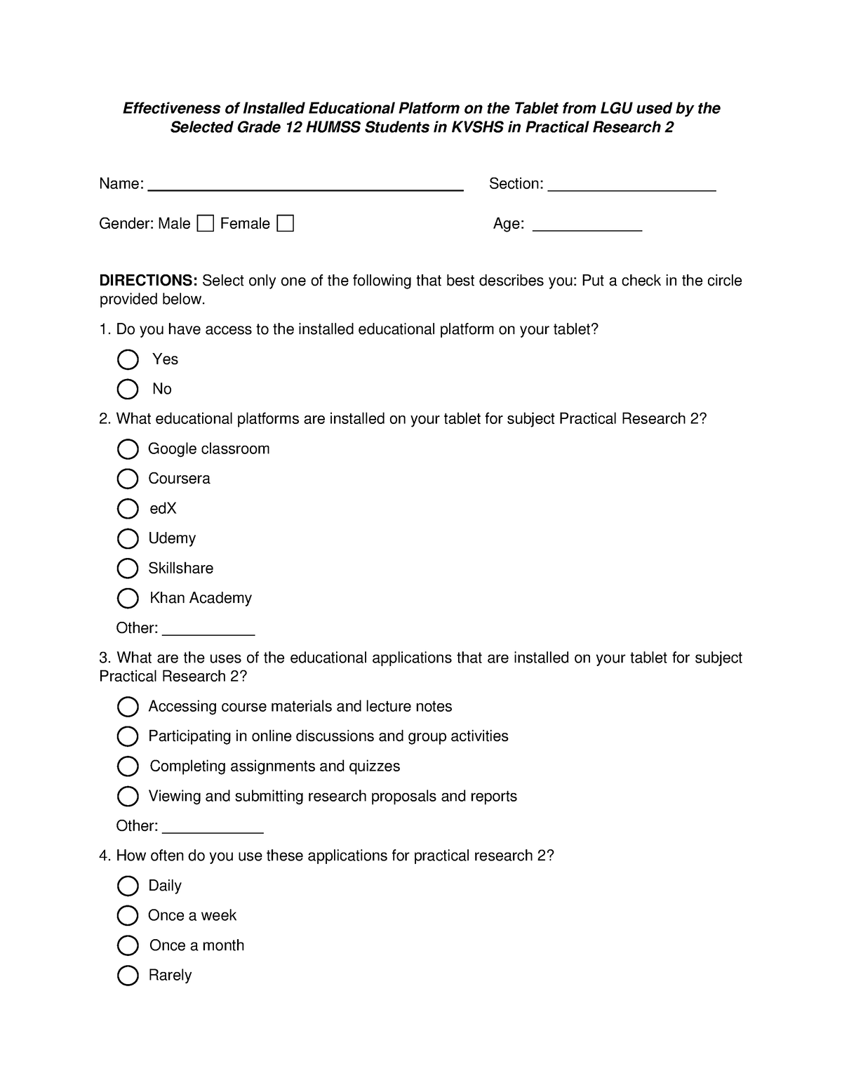 3i's survey questionnaire - Effectiveness of Installed Educational ...