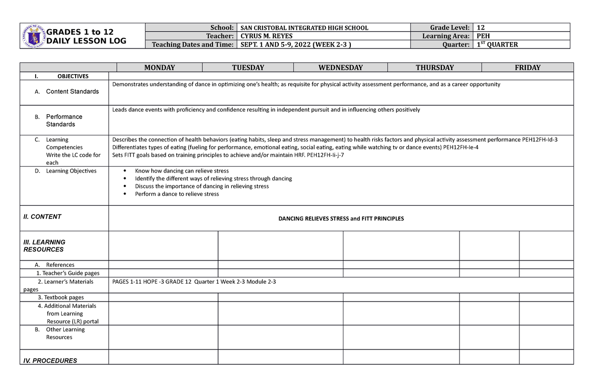 DLL PEH Q1 W3 - DLL - GRADES 1 To 12 DAILY LESSON LOG School: SAN ...