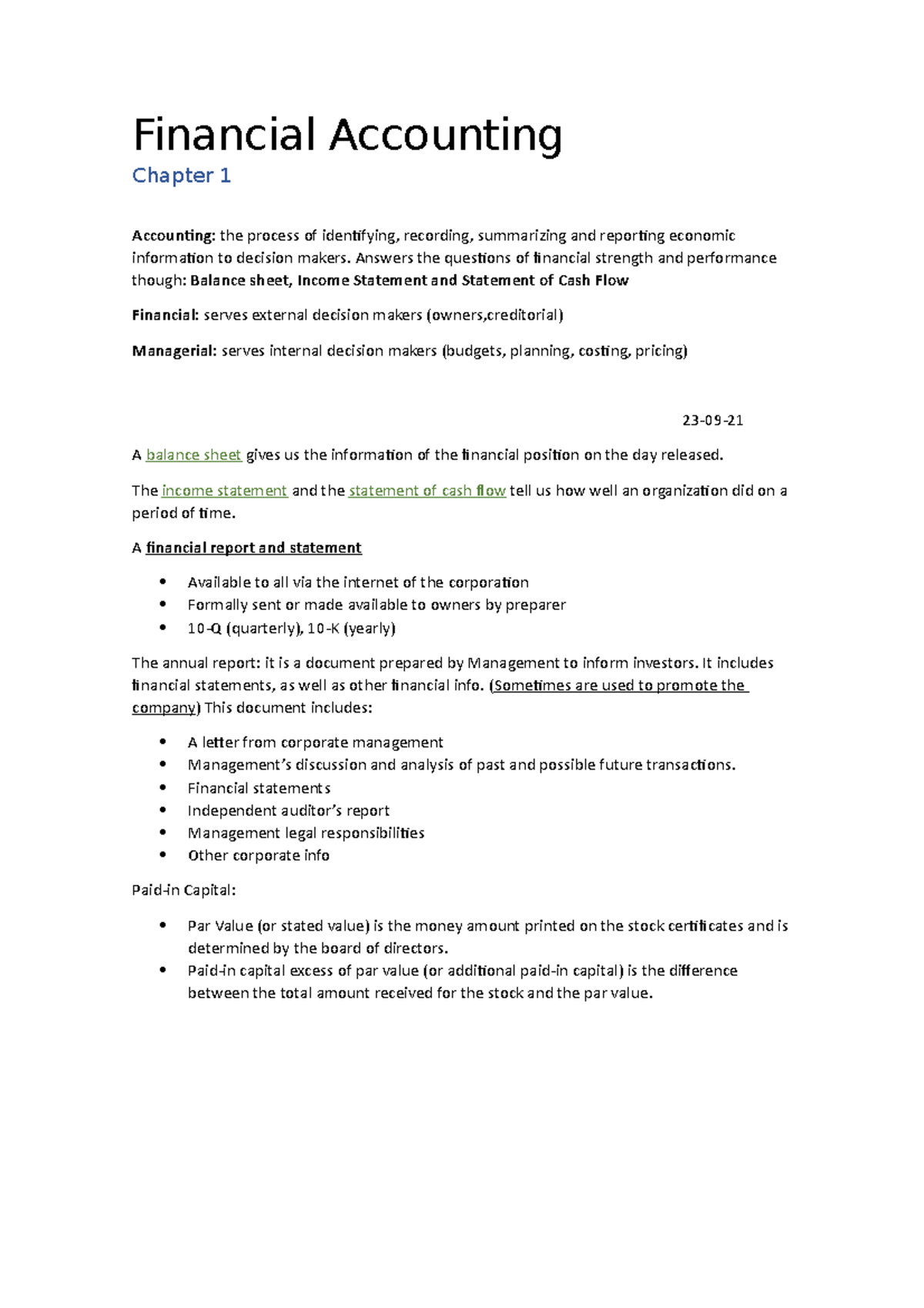 F.A 2009 Financial case practice Financial Accounting Chapter 1 Accounting the process of