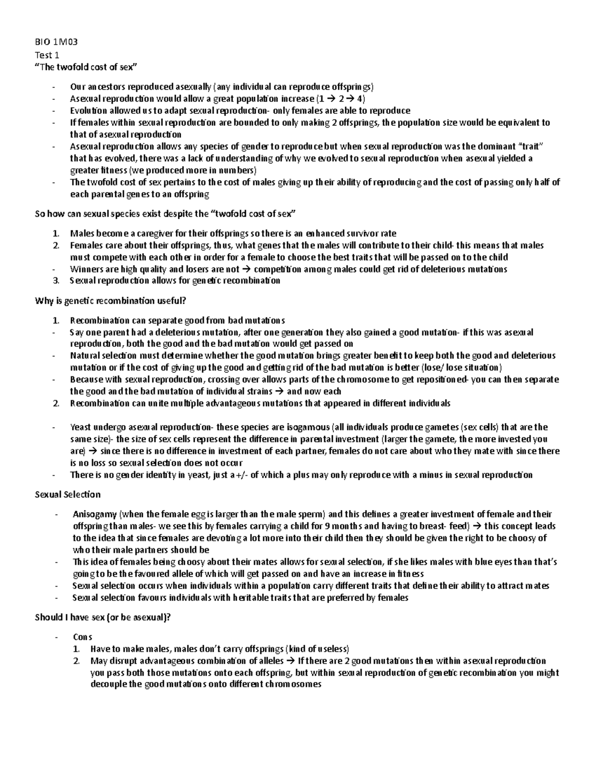 Bio 1m03 Test 1 - Bio 1m03 - Test 1 “the Twofold Cost Of Sex” Our 