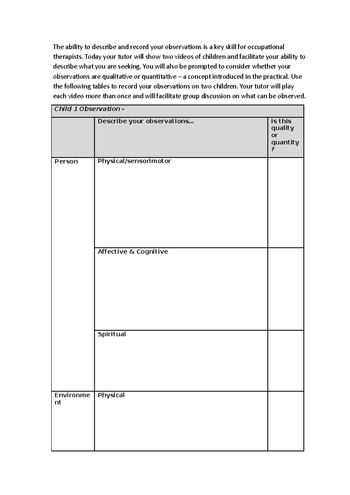 CMOPE blank paper to fill. Can be used for child observation