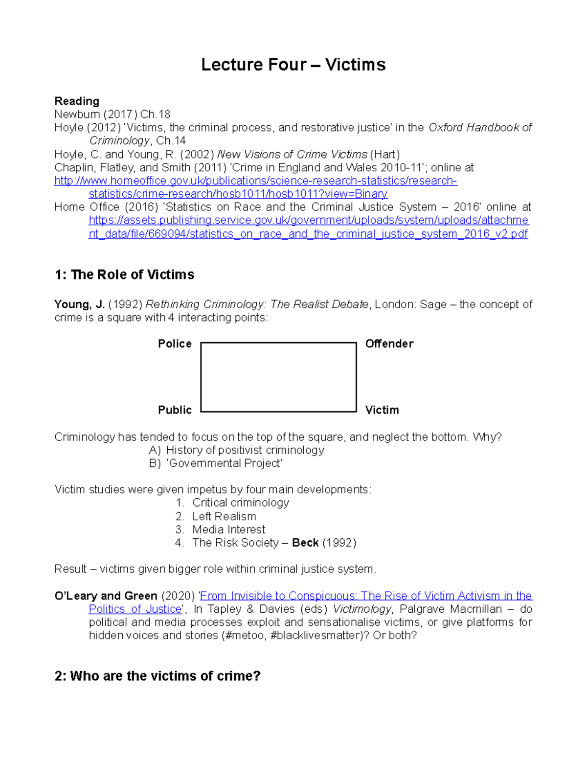 Study materials Lecture 4 2020 - Lecture Four – Victims Reading Newburn ...