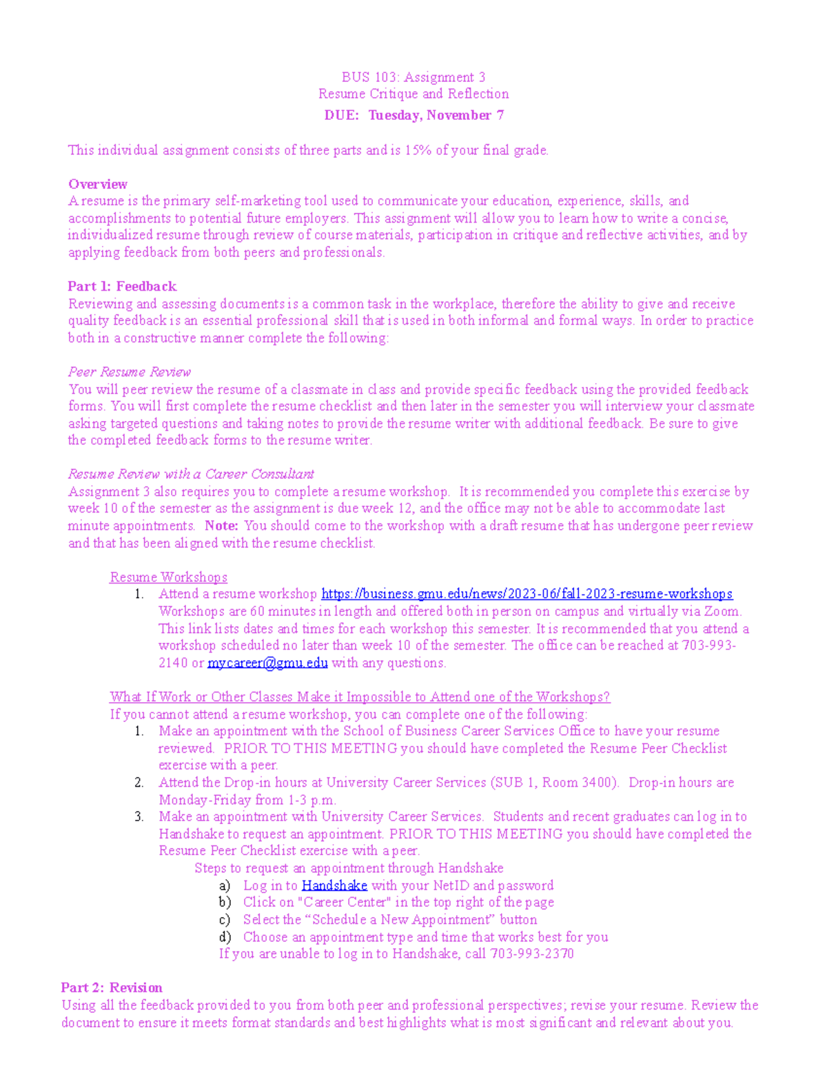 Assignment #3—Resume Critique and Reflection - BUS 103: Assignment 3 ...