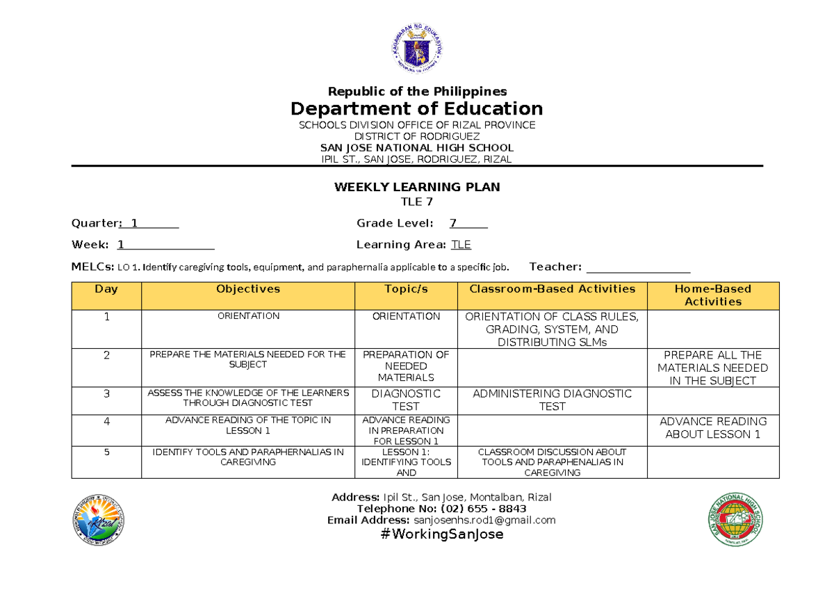 WLP 1 Quarter Caregiving - Republic of the Philippines Department of ...