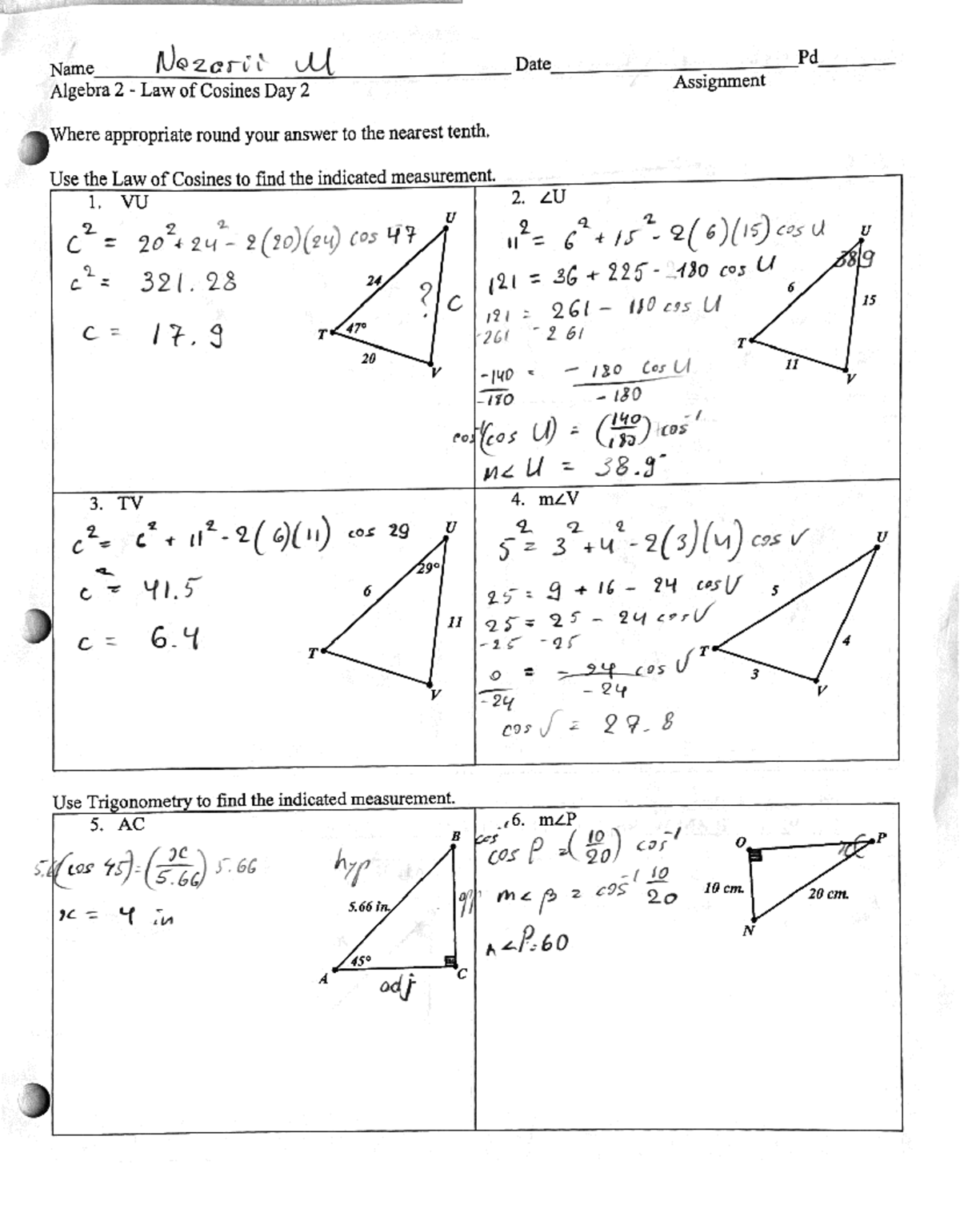 Algebra 2 - Law Of Cosines - As.110.756. - Studocu