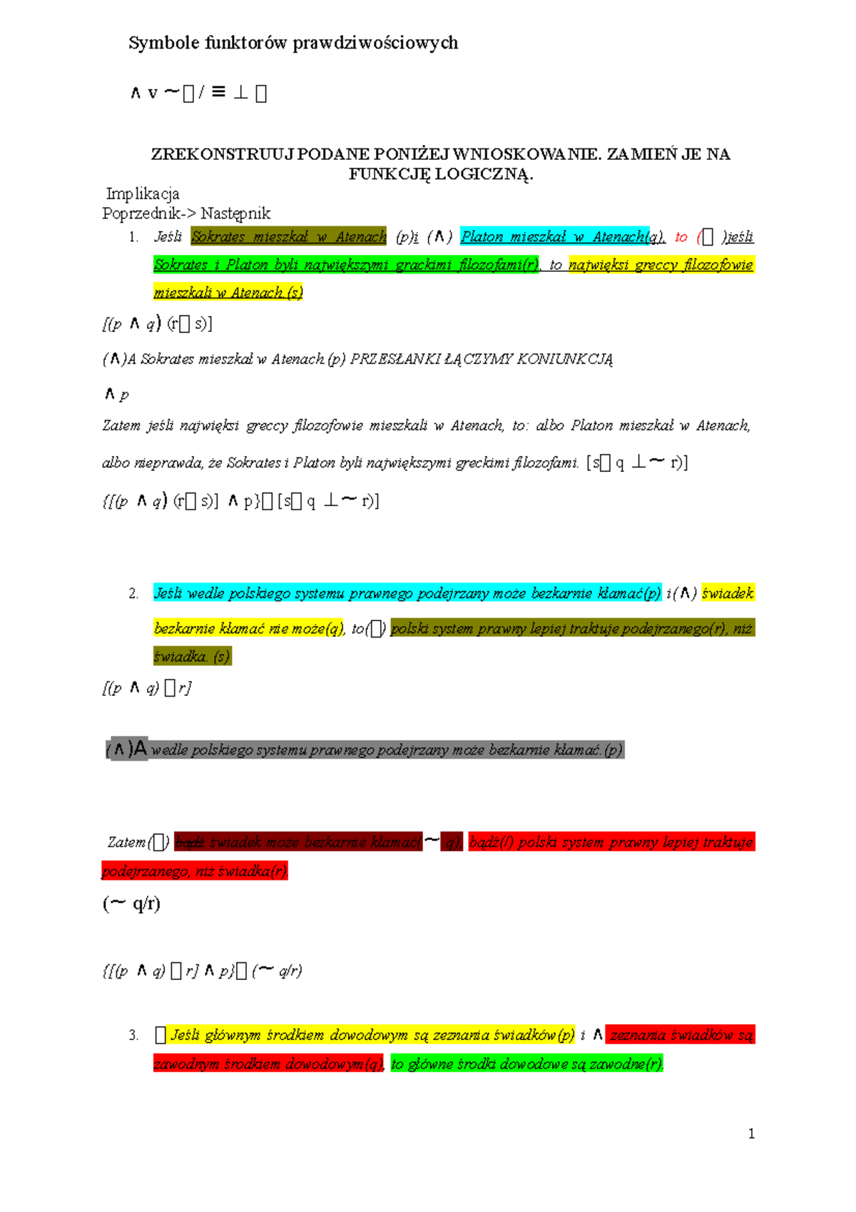 Formalizacja Wnioskowań - Zadania - Symbole Funktorów Prawdziwościowych ...