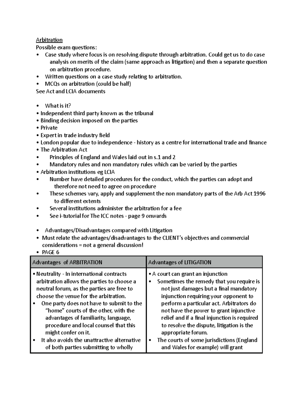 Arbitration - law lecture notes summary - Arbitration Possible exam ...