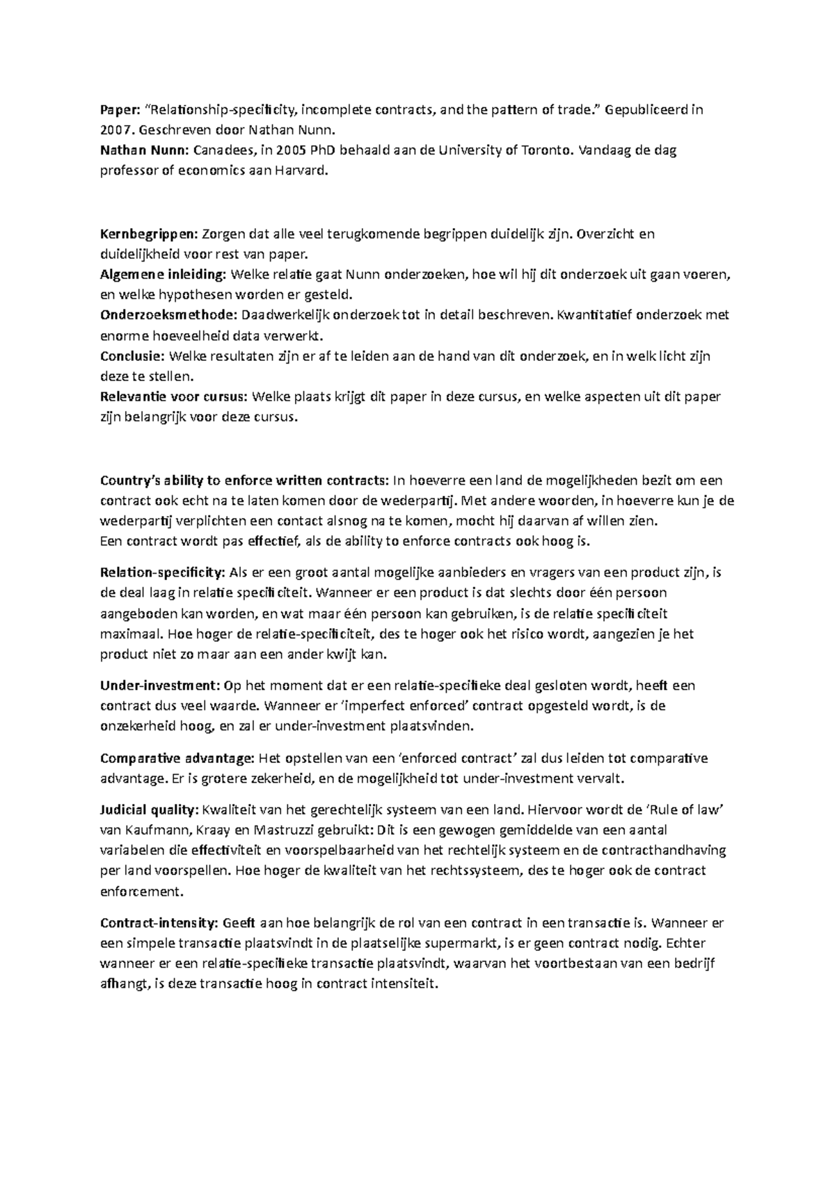 Begrippenlijst paper relationship specificity incomplete contracts