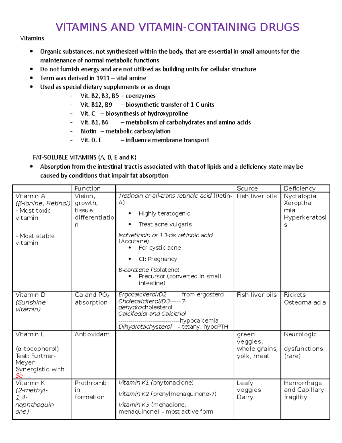Pharmacognosy Notes Vitamins & Vitamin Containing Drugs VITAMINS