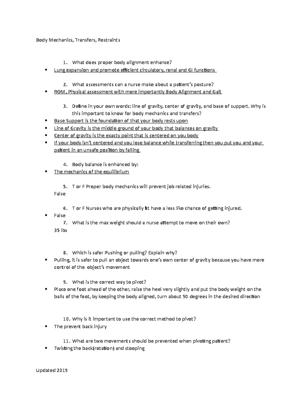 NR 155- Transfer, restraint, body poisition (Student) - Body Mechanics ...