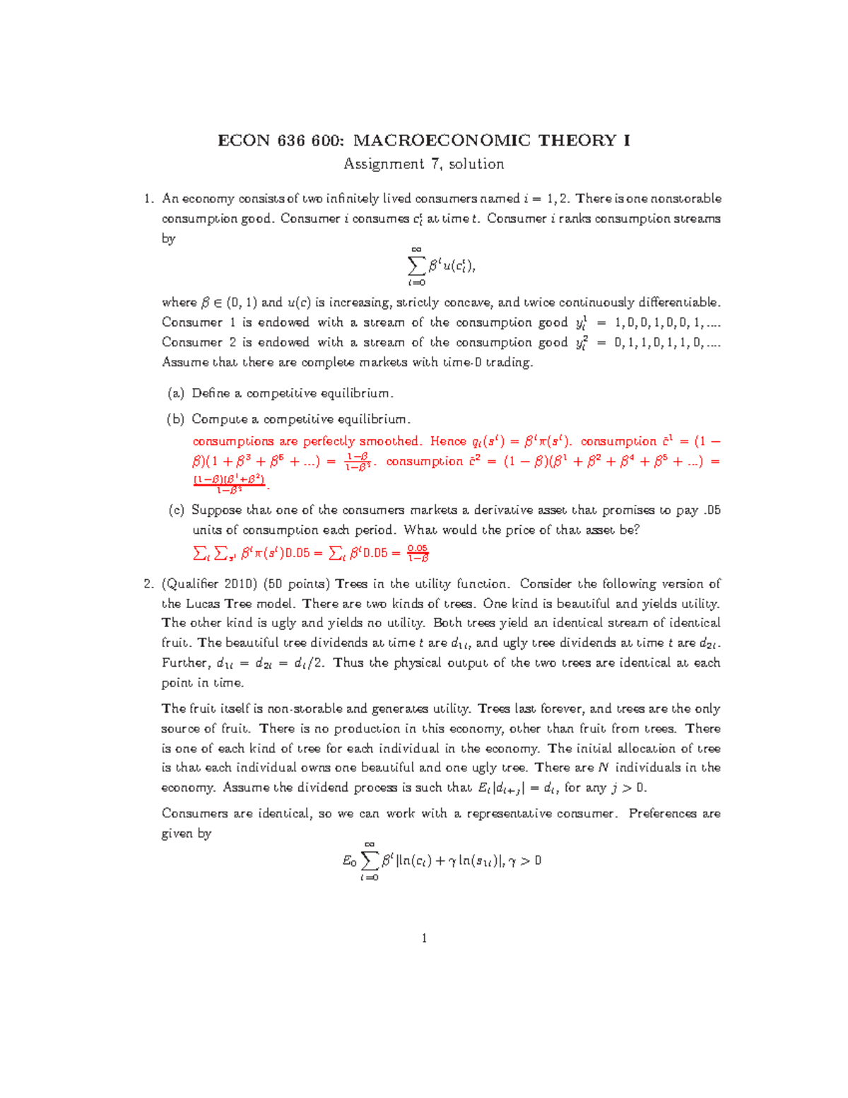 Assignment 7 solution - ECON 636 600: MACROECONOMIC THEORY I Assignment ...