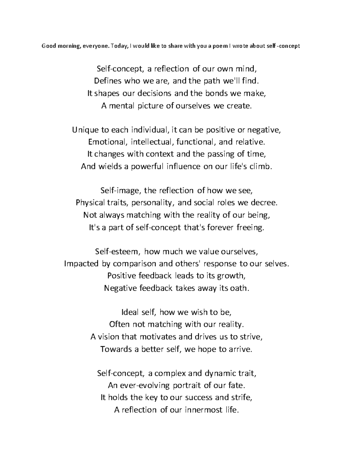 Poem Per Dev - Poem about self concept - Good morning, everyone. Today ...