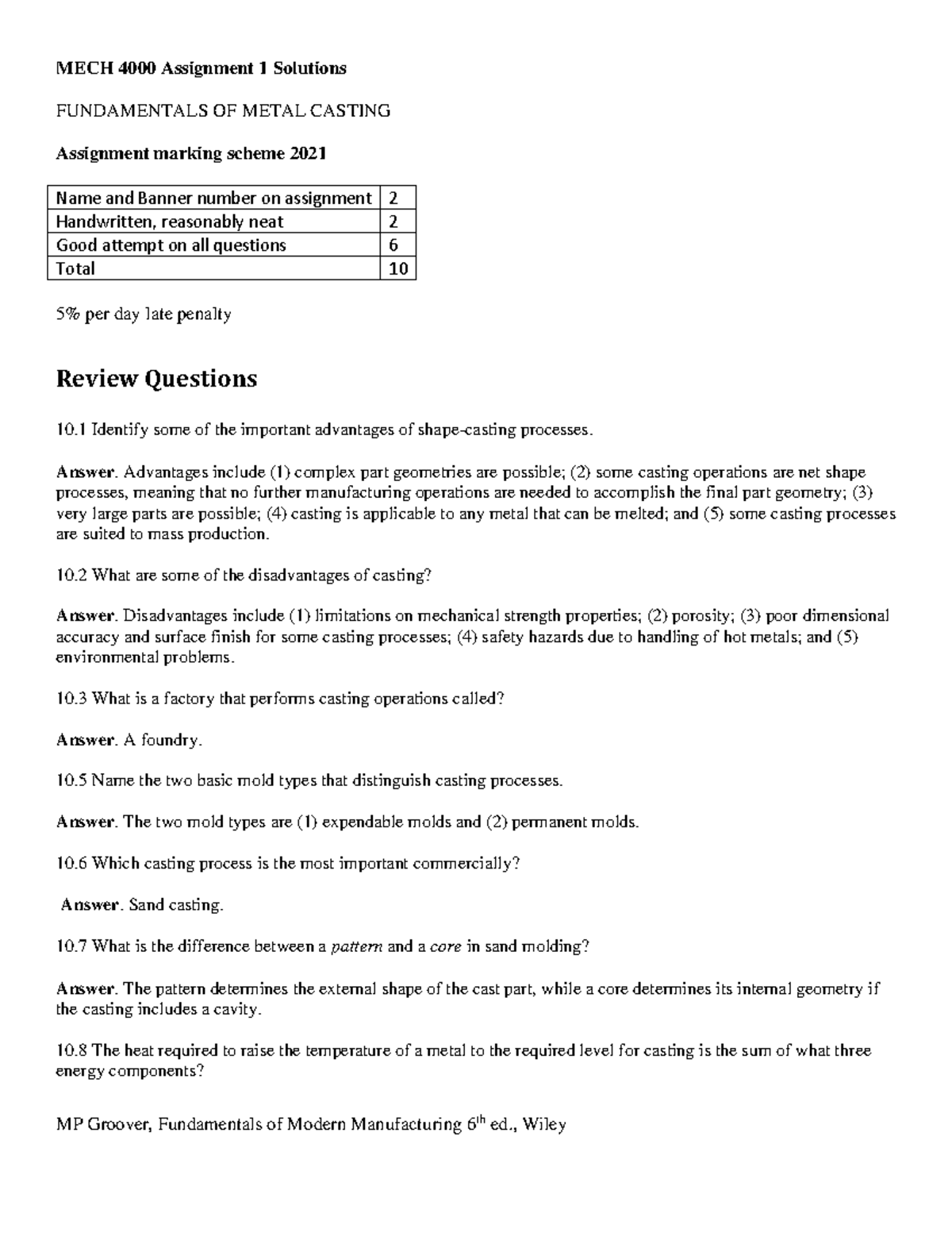 Assignment 1 solution MP Groover, Fundamentals of Modern