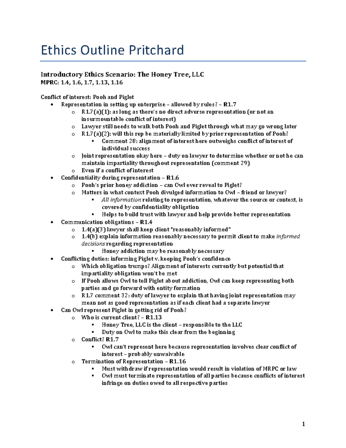 Ethics Lecture Outline Pritchard(Corporate Lawyer) Ethics Outline