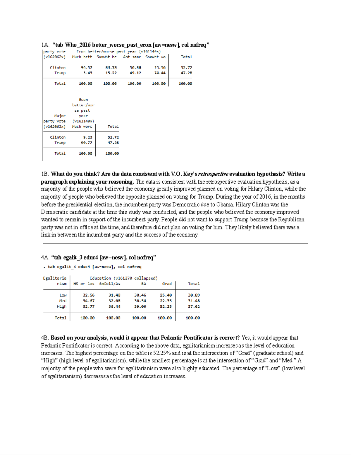 Chapter 4 Stata Homework Assignment - 1A. “tab Who_2016 better_worse ...