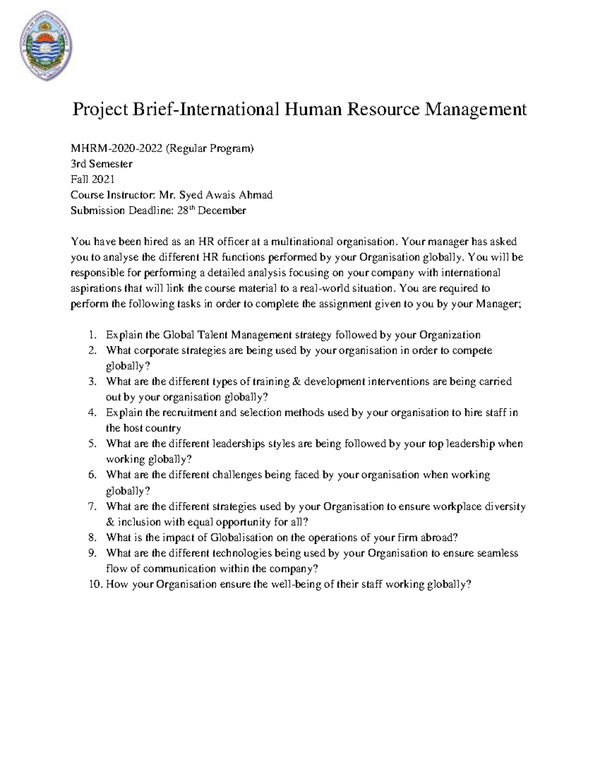 Project Brief- International HRM - Project Brief-International Human ...