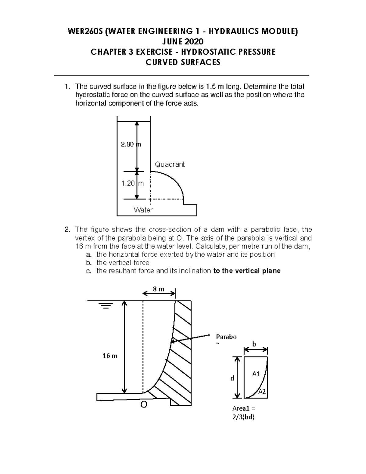 Exercise 3 Hydrostatic forces curved surfaces - WER260S (WATER ...