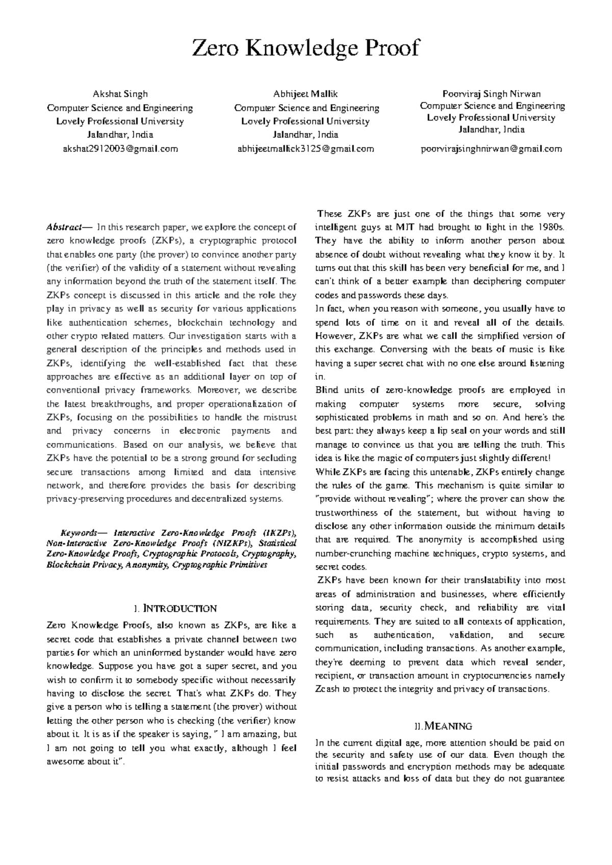 ZKP research paper - Zero Knowledge Proof Akshat Singh Computer Science ...