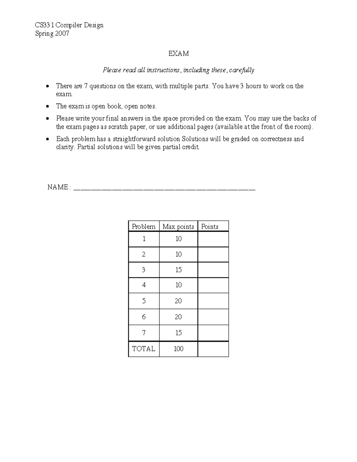 CS331 exam 2007 solution - Spring 2007 EXAM Please read all ...