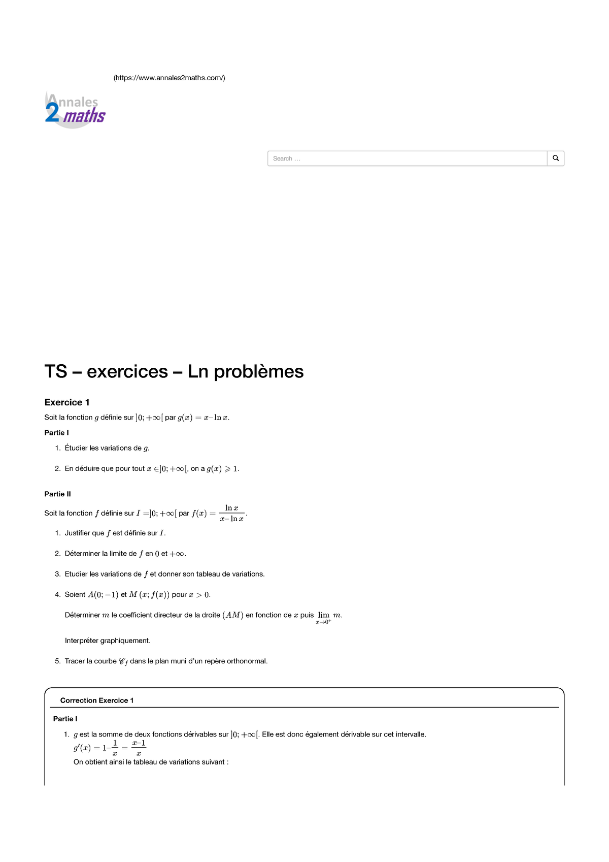 TS - Exercices Corrigés - Ln - (annales2maths/) TS – Exercices – Ln ...