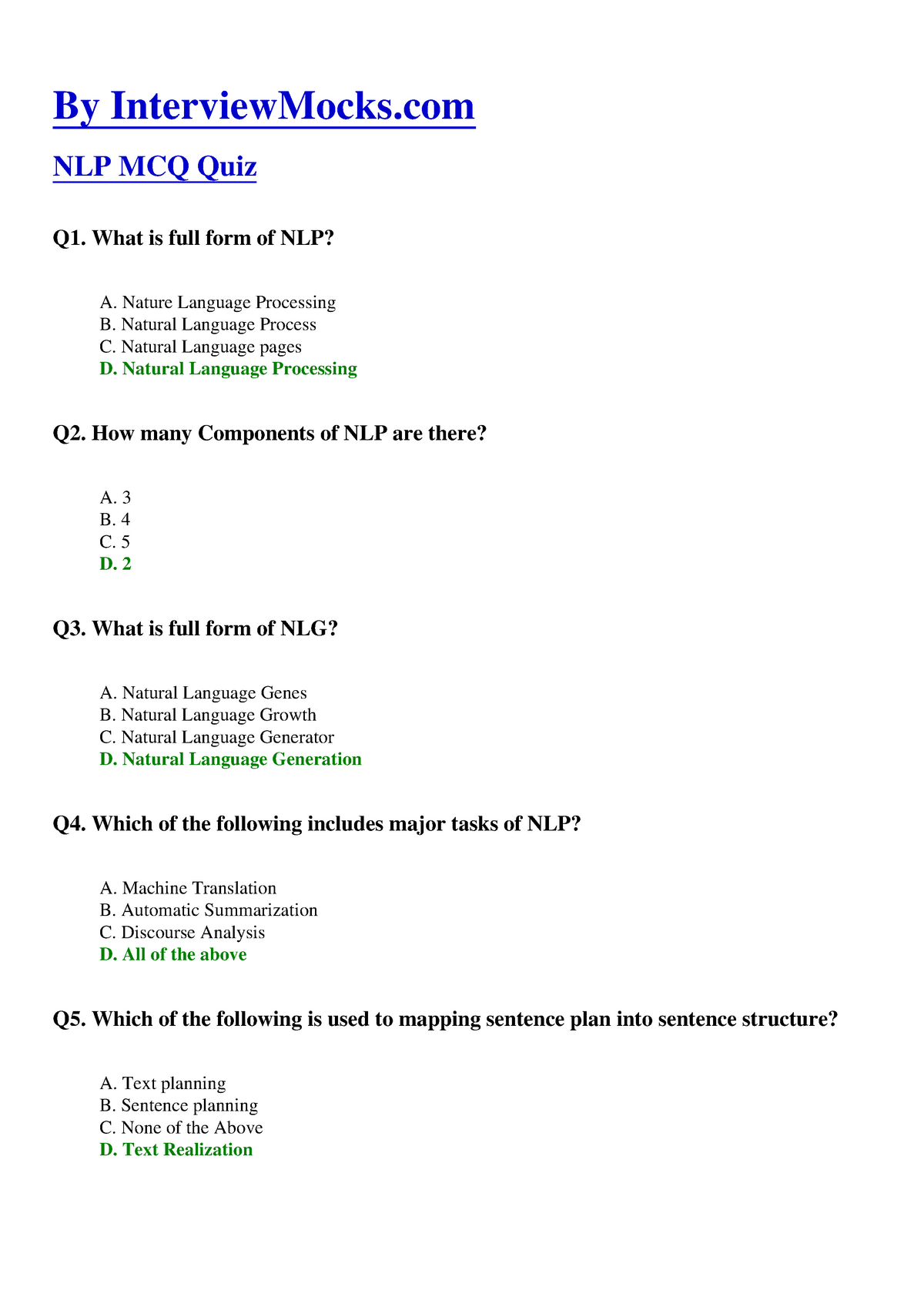 Nlp Questions And Answers Mcq By InterviewMocks NLP MCQ Quiz Q1 What 