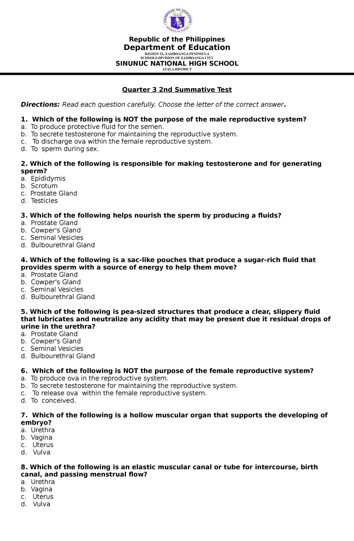 Science Summative Test - Republic Of The Philippines Department Of ...