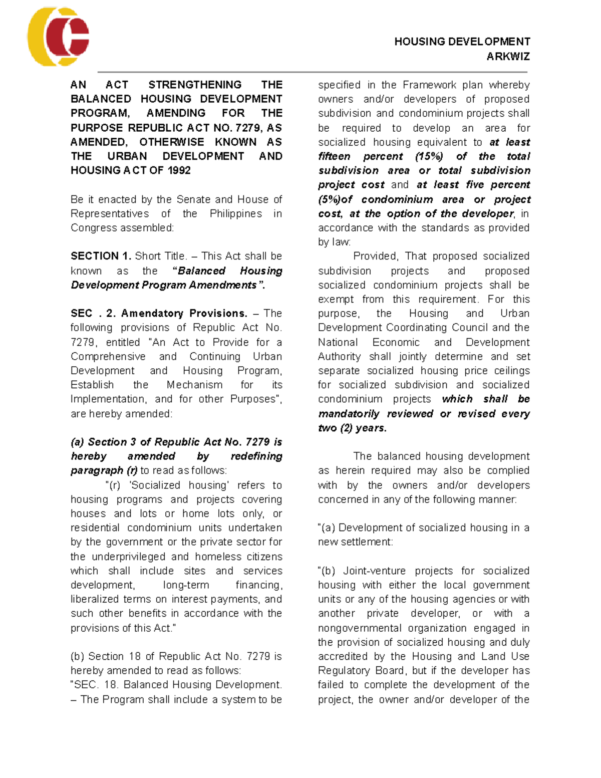 Housing develop - ARKWIZ AN ACT STRENGTHENING THE BALANCED HOUSING ...