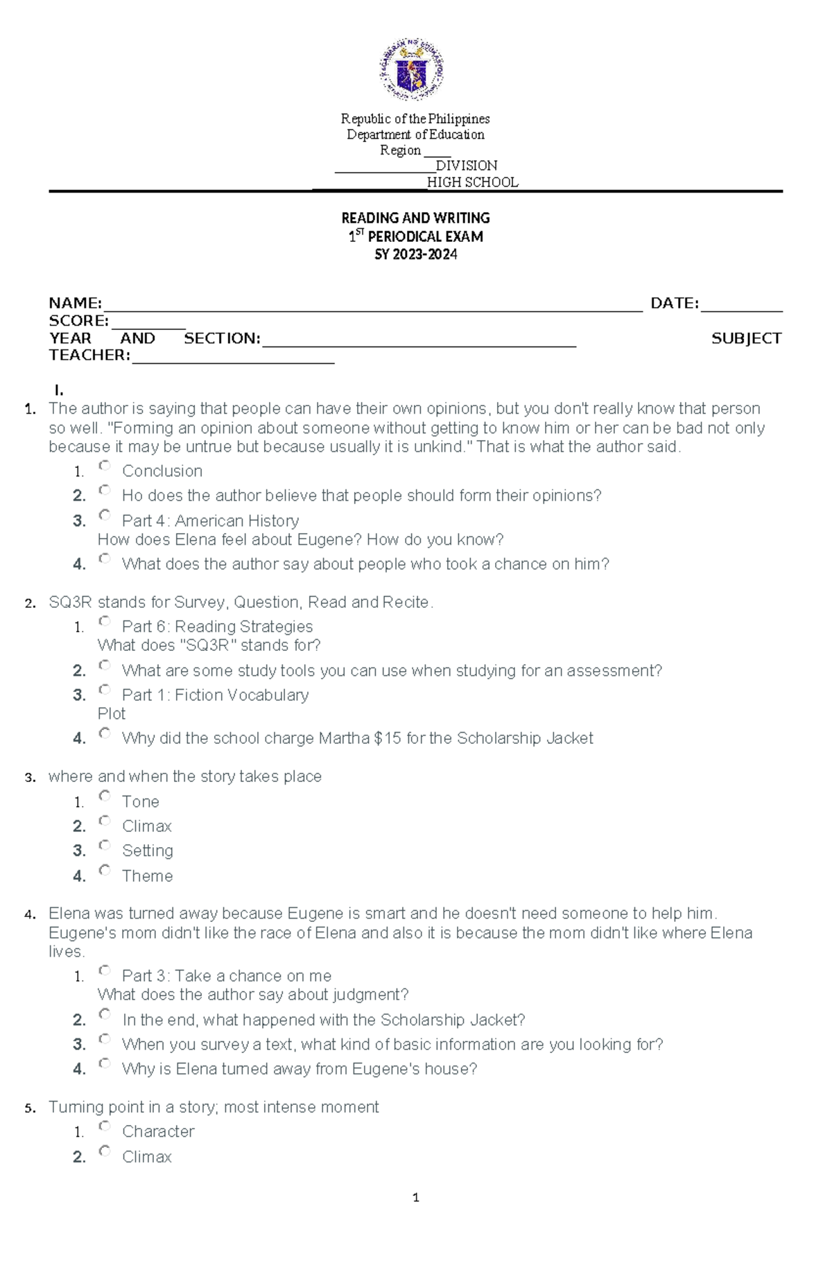 PT Reading and Writing Q1 - Republic of the Philippines Department of ...