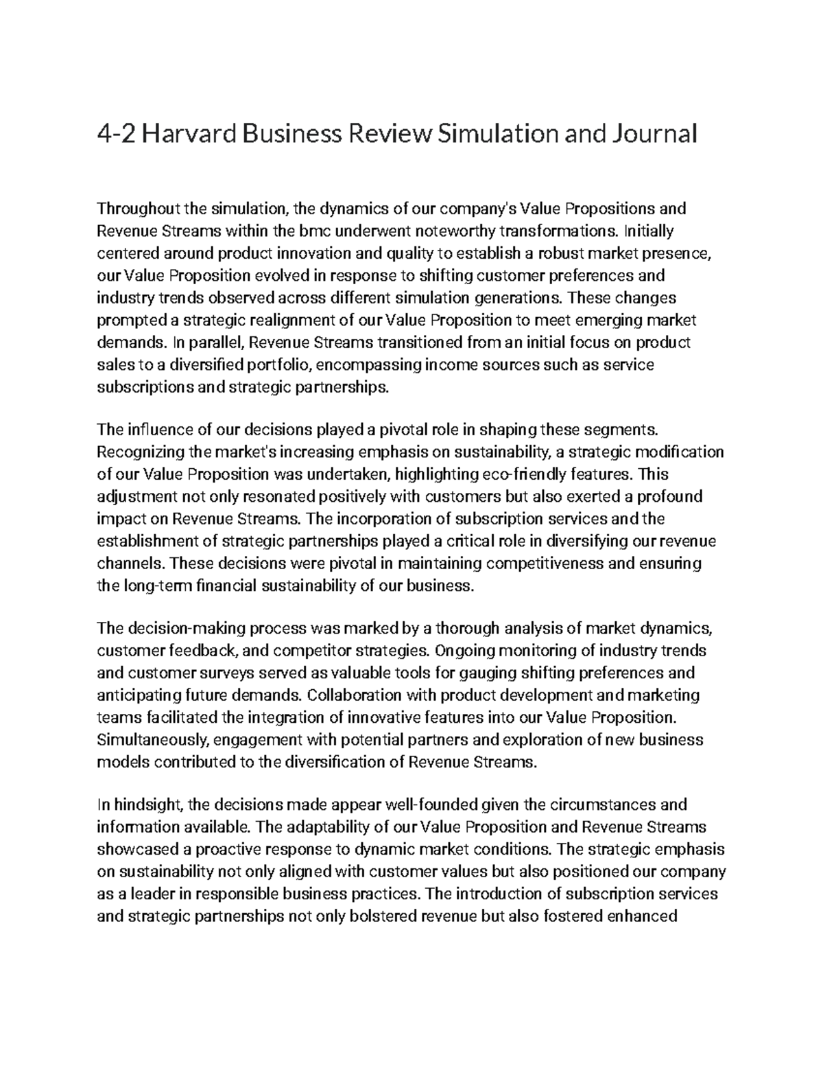 4-2 Harvard Business Review Simulation and Journal - Initially centered ...