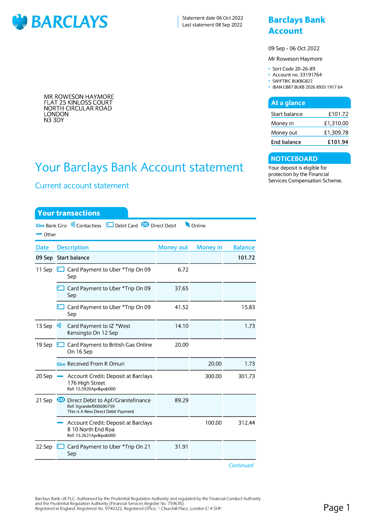 Barclays-statement - aaa - Barclays Bank Account 09 Sep - 06 Oct 2022 ...