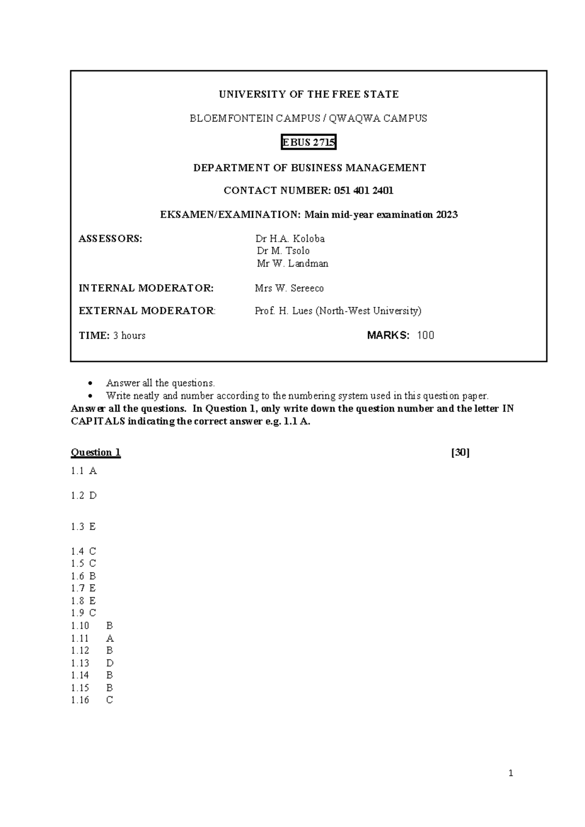 EBUS2715 Main Examination And MEMO 2023 - Answer All The Questions ...