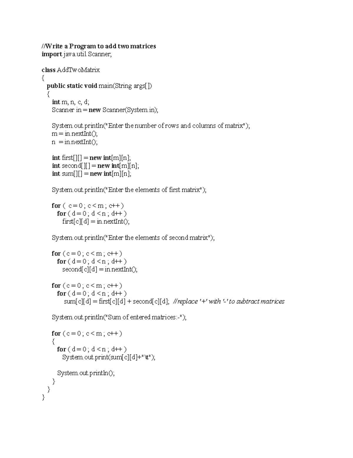 Prg555 - JAVA Programming - a Program to add two matrices import class ...