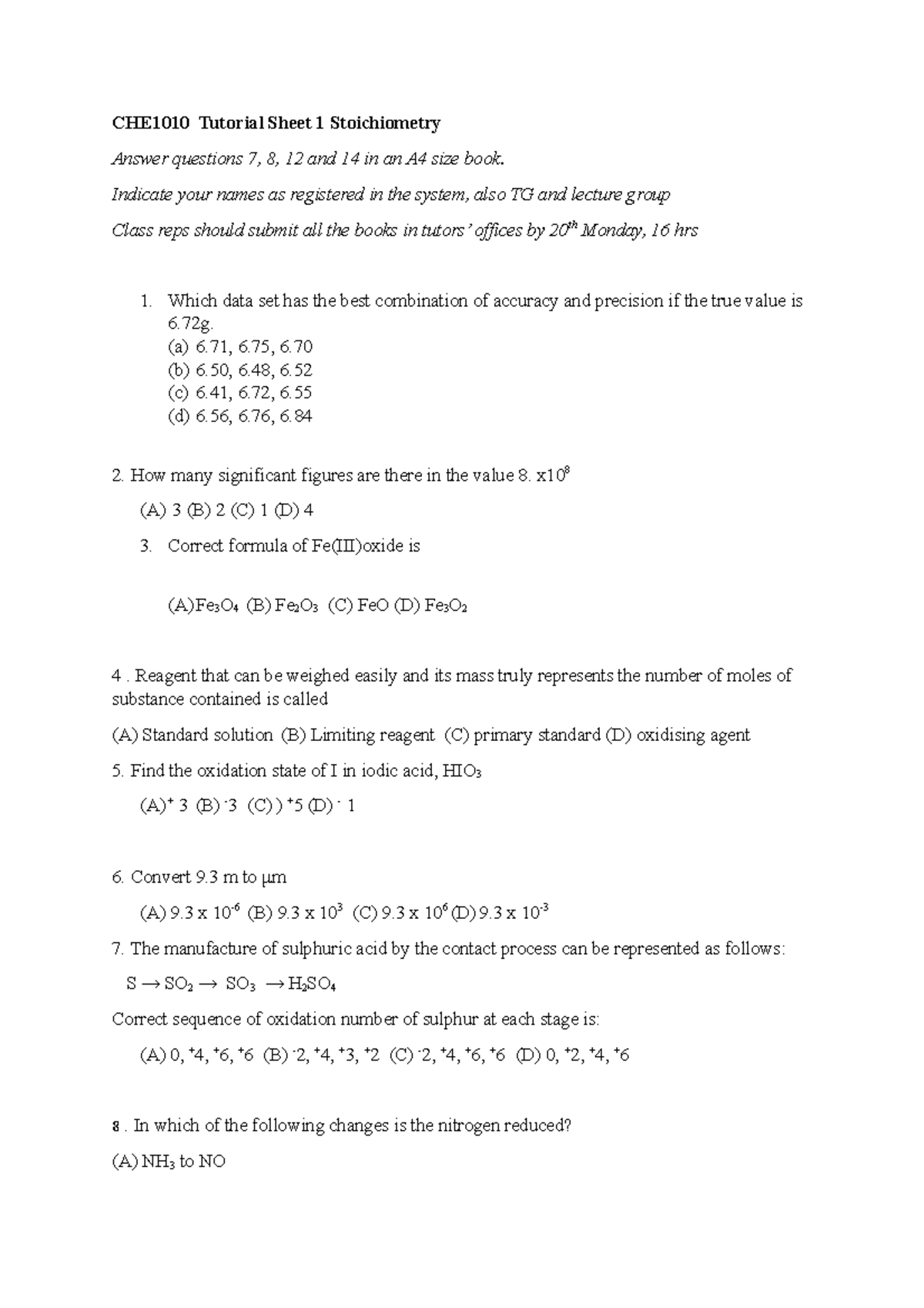 CHE1010 Tutorial sheet 1 - Indicate your names as registered in the ...