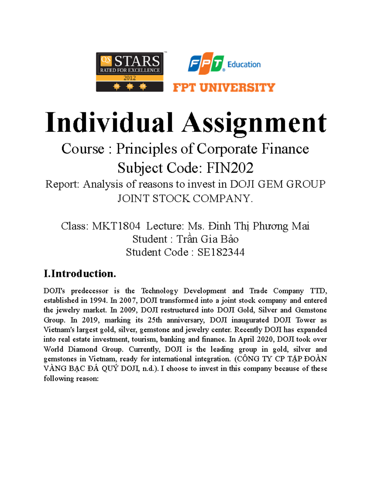 Individual Assignment FIN202 - Individual Assignment Course ...