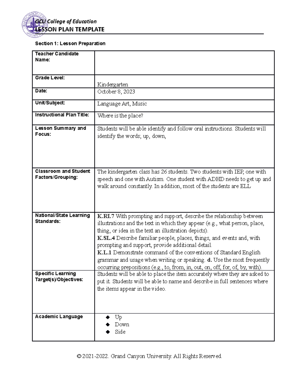 ECE 450 Music-Lesson-plan - LESSON PLAN TEMPLATE Section 1: Lesson ...