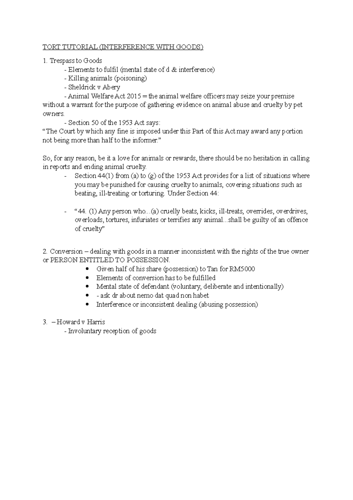 TORT Tutorial TORT TUTORIAL (INTERFERENCE WITH GOODS) Trespass to