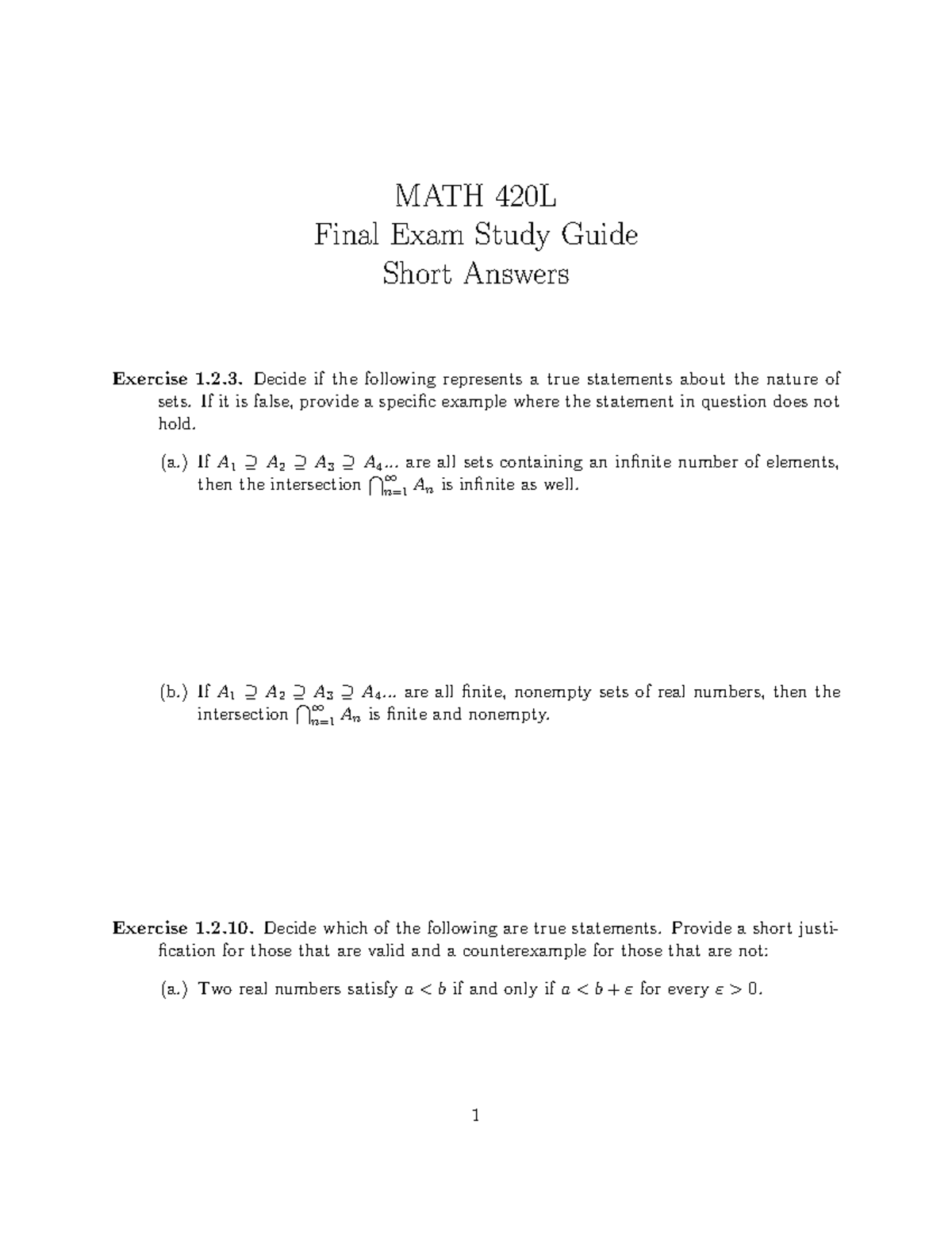 Analysis Final Exam Short Answers MATH 420L Final Exam Study Guide