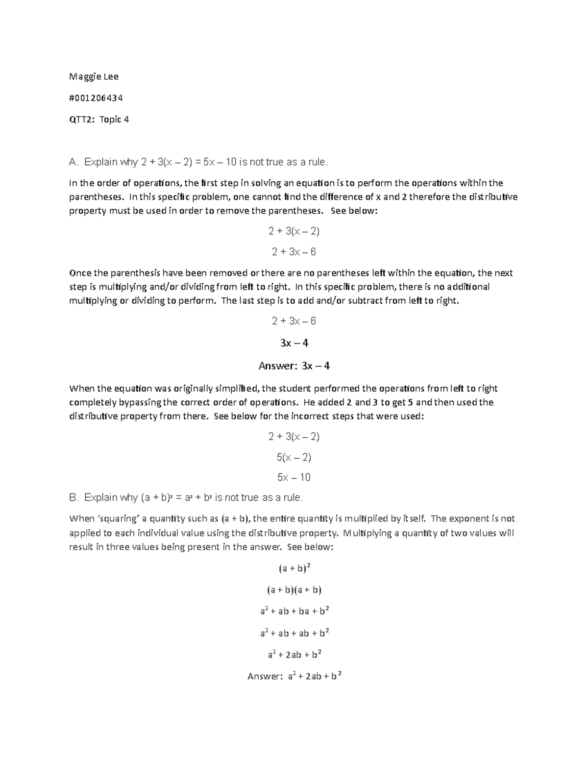 WGU Finite Mathematics QTT2 Topic 3 - Maggie Lee QTT2: Topic 4 A ...