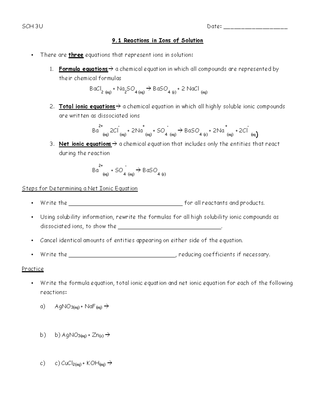 9.1 Reactions of Ions in Solution Handout - SCH 3U Date ...