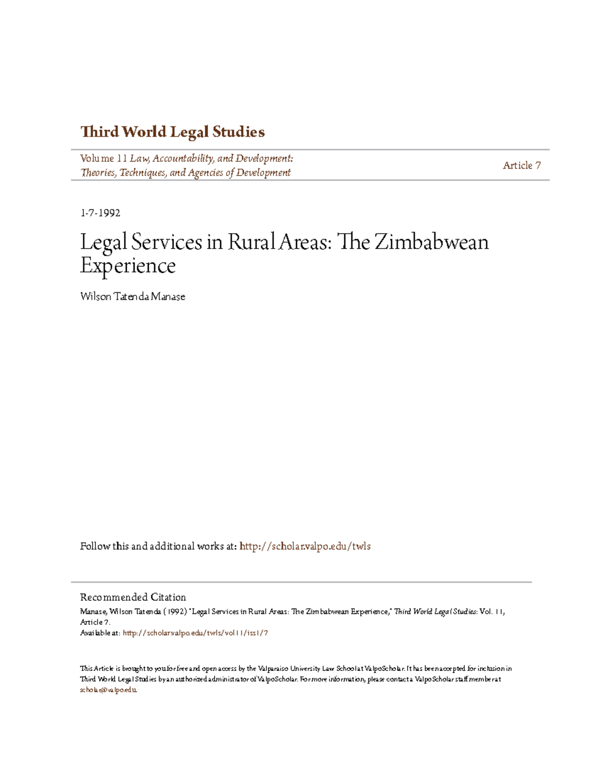 Legal Services in Rural Areas The Zimbabwean Experience Third World