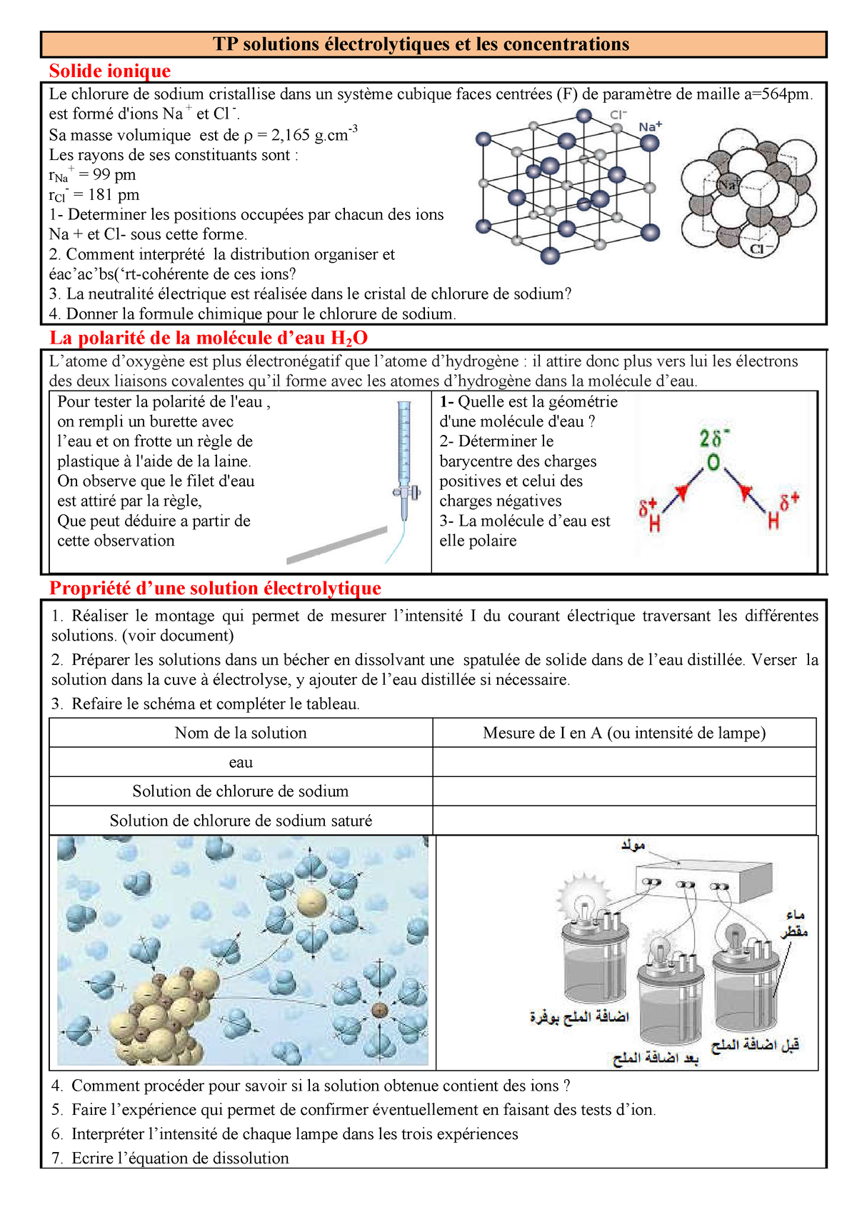 La Concentration Et Les Solutions Electrolytiques Activites 1 3 - TP ...