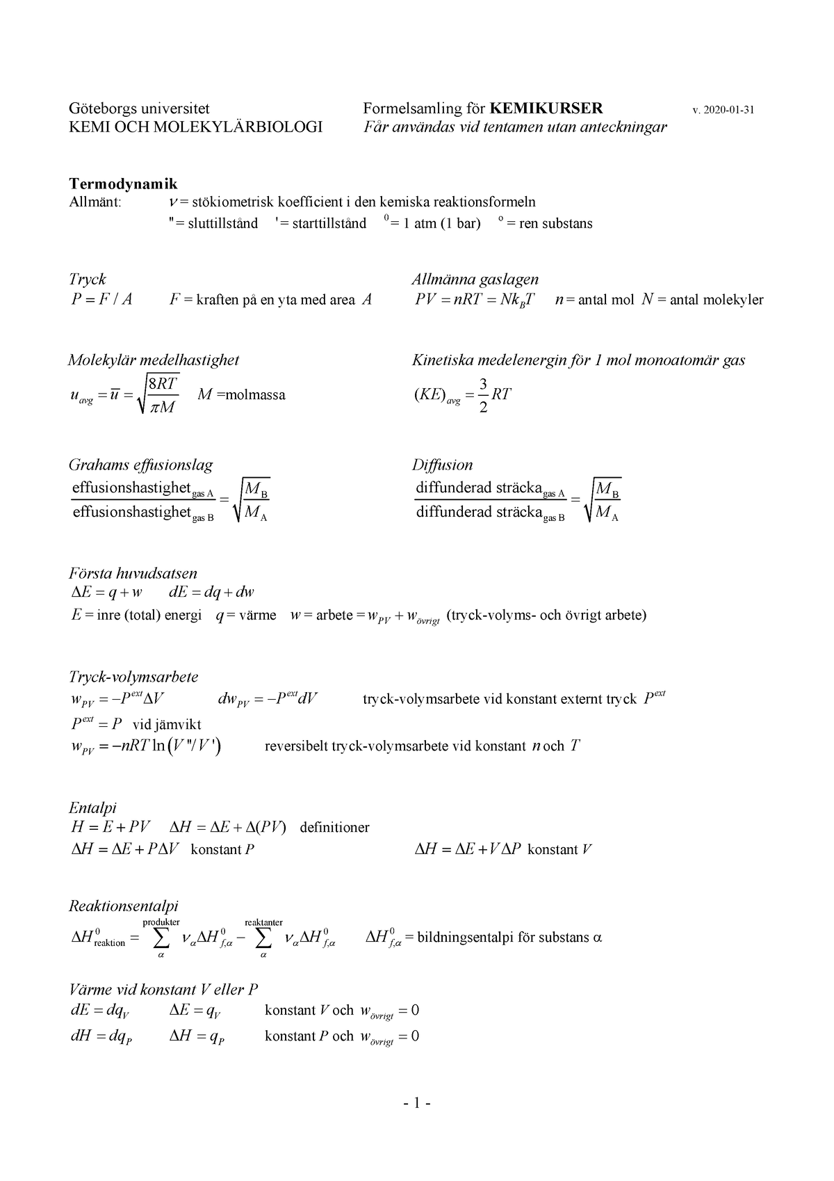 Formelsamling För Grundläggande Kemi 2021-2022 - DIP120 - Studocu