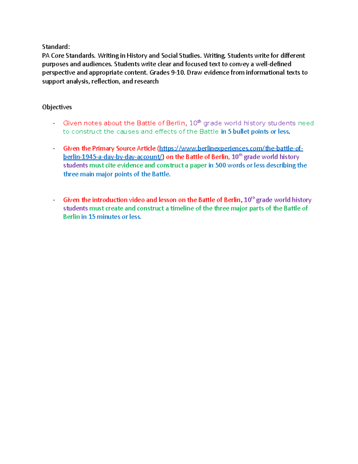 Objectives - Standard: PA Core Standards. Writing in History and Social ...