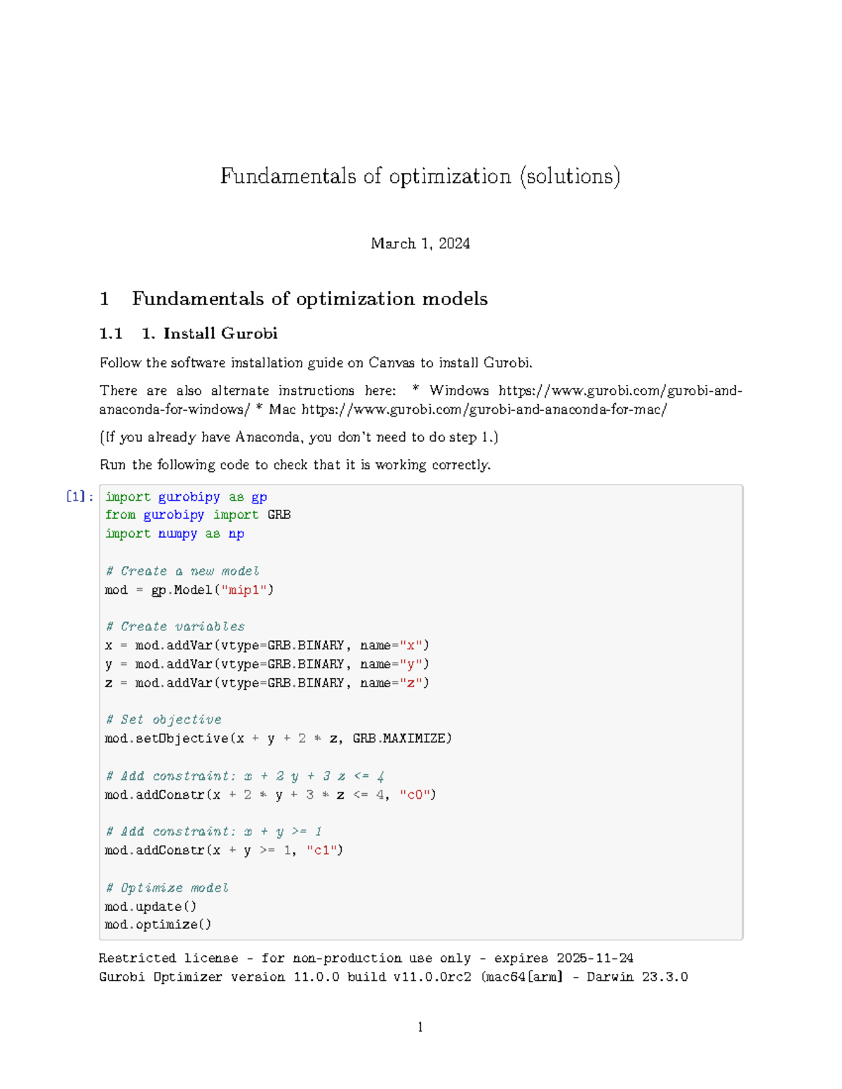 Fundamentals of optimization (solutions) - Install Gurobi Follow the ...