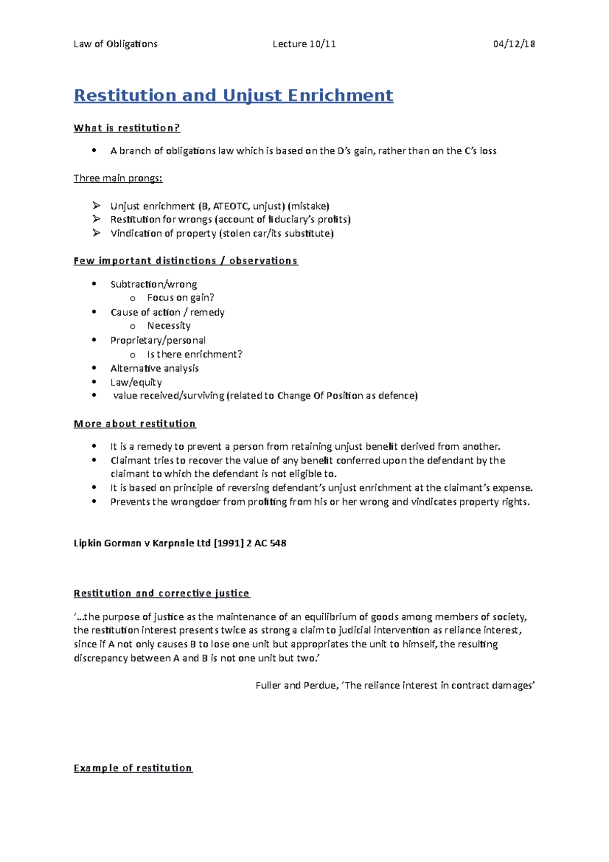 Restitution And Unjust Enrichment L10 Restitution And Unjust 