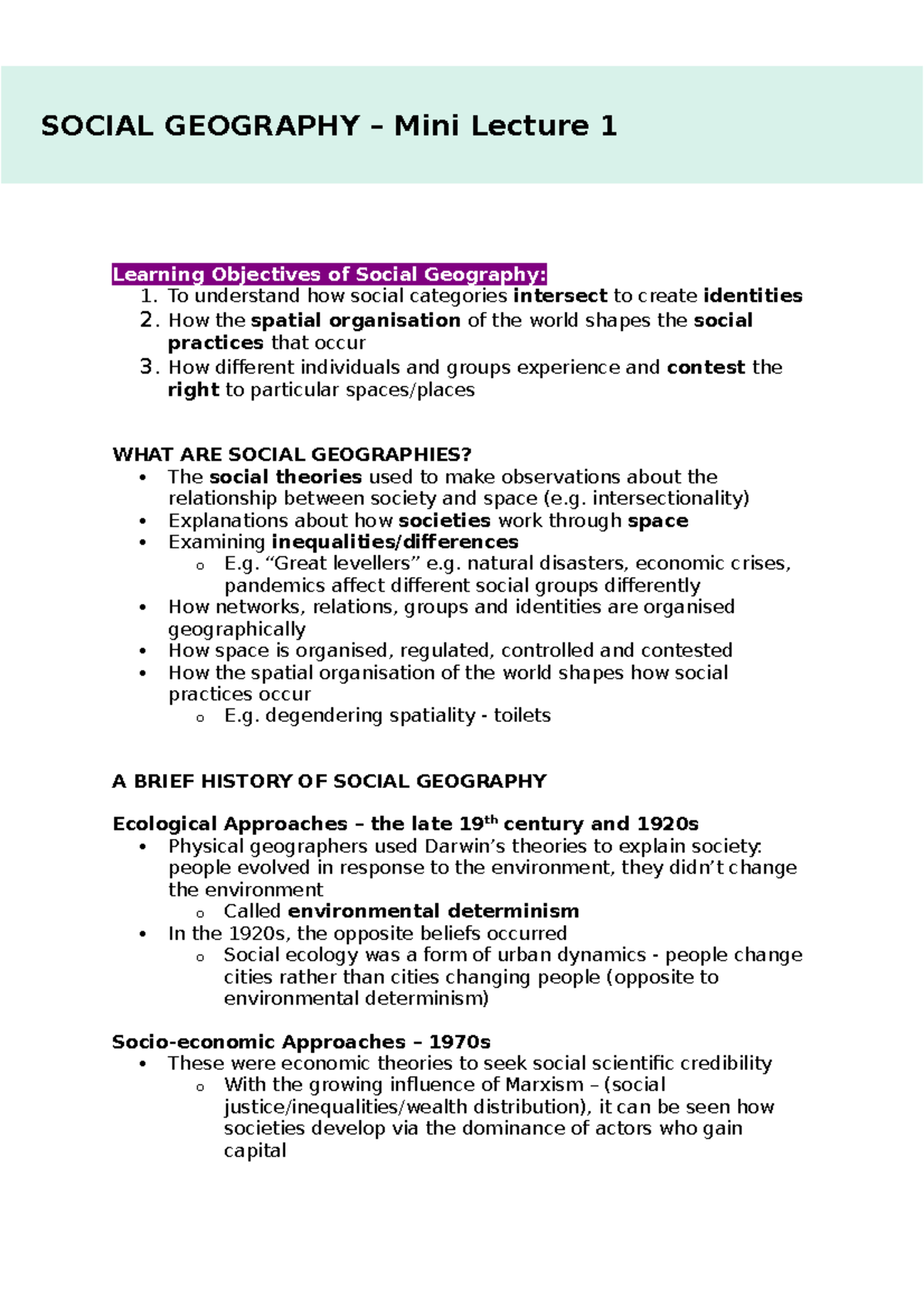 Social geography 1 Learning Objectives of Social Geography 1. To