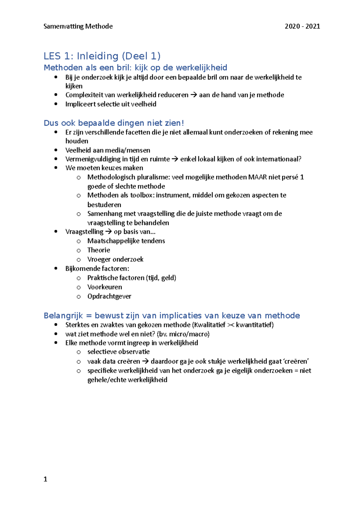 Samenvatting Methoden - LES 1: Inleiding (Deel 1) Methoden Als Een Bril ...