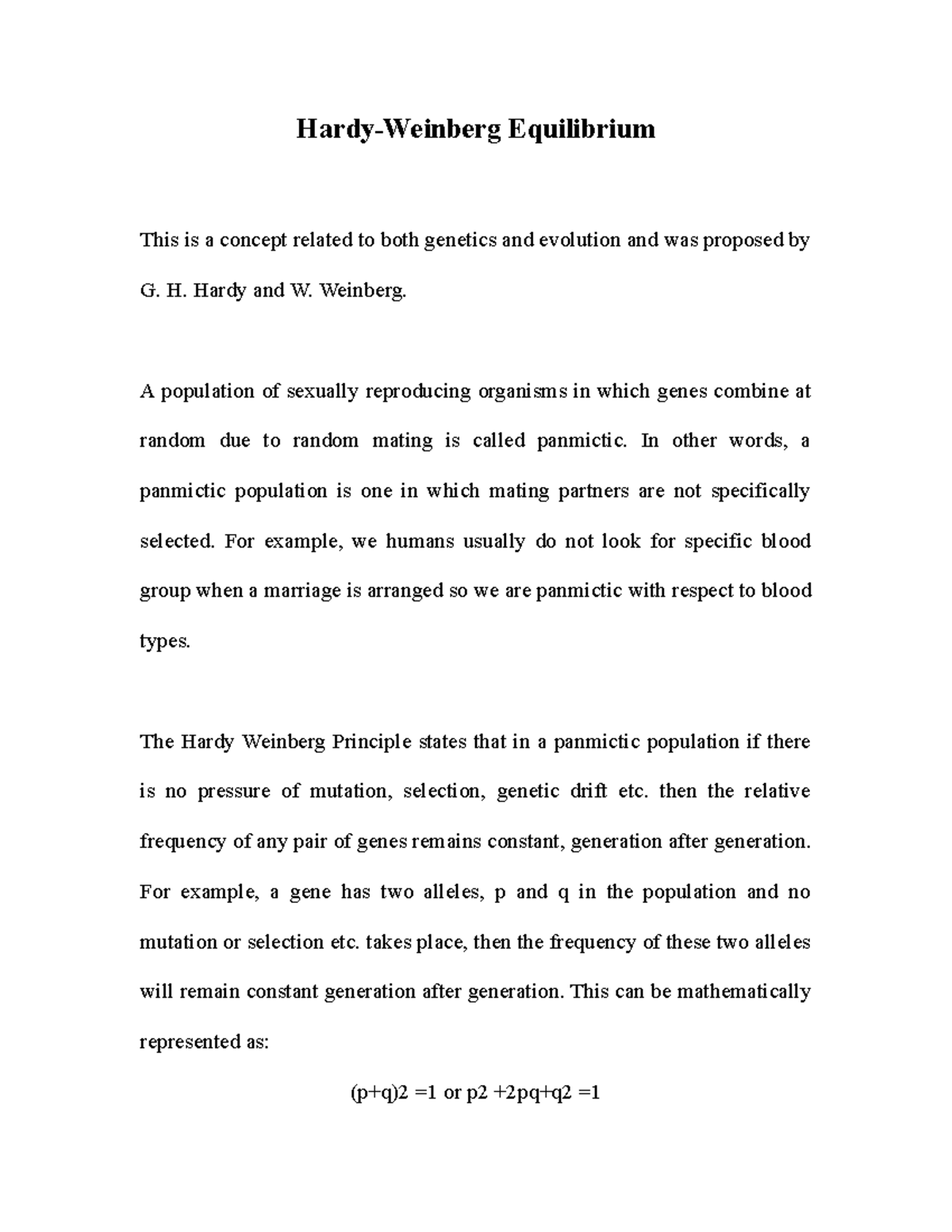 Hardy-Weinberg Equilibrium - H. Hardy and W. Weinberg. A population of ...