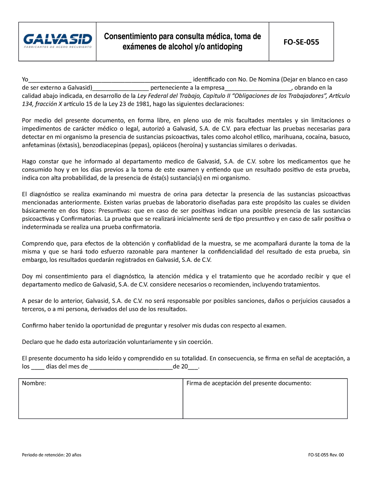 FO-SE-055 REV00 Consentimiento para consulta médica, toma de exámenes de  alcohol - Consentimiento - Studocu